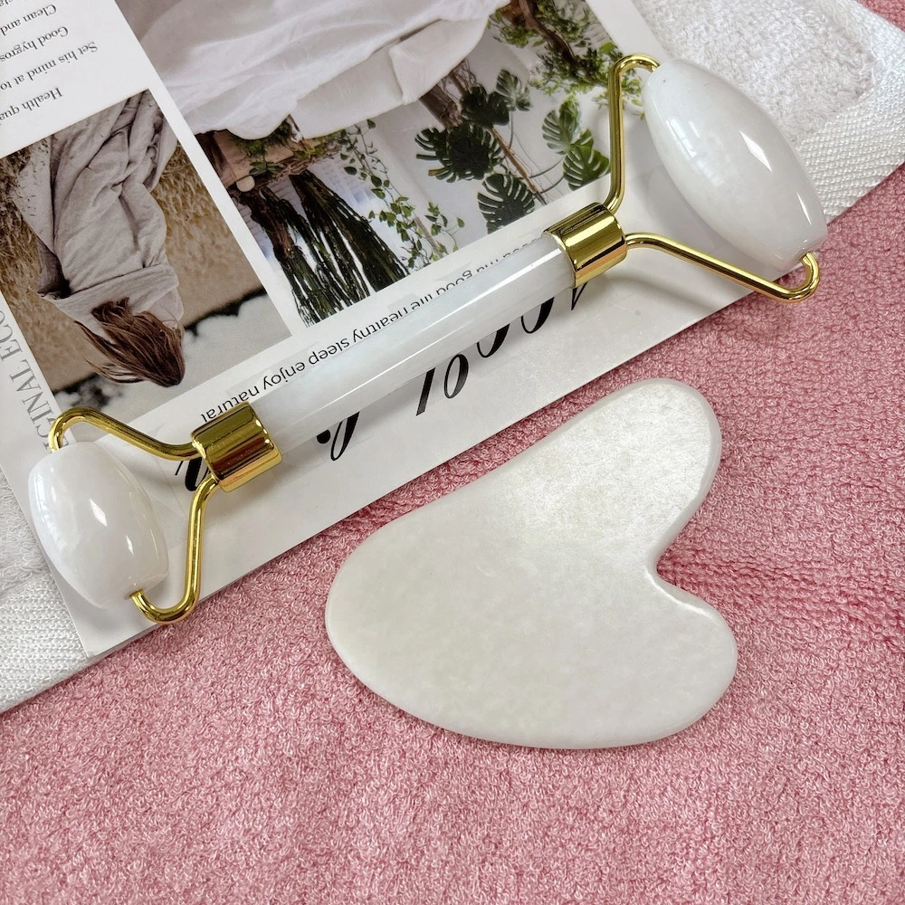 Kit Outils de Soin Visage en Jade Blanc 100% Naturel, Roller et Gua Sha  pour Massage Facial